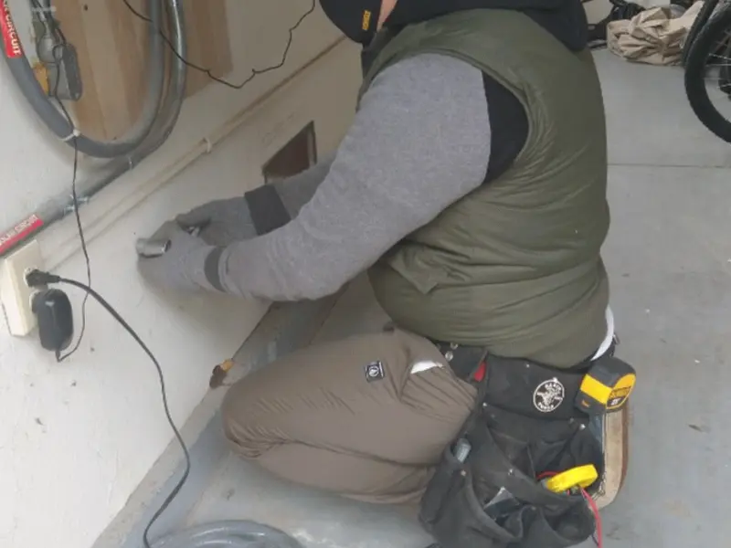 Electrician performing outlet wiring in a Wabash garage